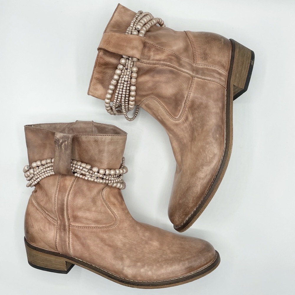 Anthropologie slouch ankle boots, distressed leather & beaded ankle bracelets